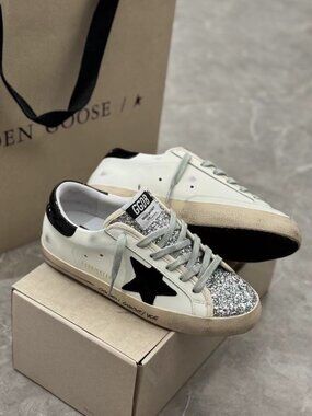 Golden Goose White Leather Low-Top Sneakers with Black Star & Silver Glitter Toe